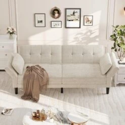 89" Chenille Futon Sofa Bed, Modern Convertible Sleeper Couch With Adjustable Backrest & Armrests, 3-Seat Sofa With 2 Pillows For Apartment -Baxton Studio Shop GUEST afbc63ba f55e 4959 ac0d 91cc7b1b2f68