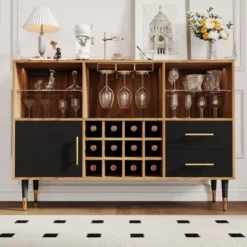 Jojoka 47 Inch Wine Bar Cabinet With Storage, Led Lights & Charging Station, Wood Coffee Bar Station -Baxton Studio Shop GUEST afd8b422 1bb7 4c32 97fa dea5ac4221ad