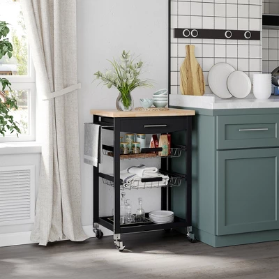 HOMCOM 3-Tier Utility Kitchen Cart With Handle Bar, Steel Basket Rolling Cart, Food Storage Service Trolley With Drawer, Rubber Wood Top, Black 2 HOMCOM 3-Tier Utility Kitchen Cart With Handle Bar, Steel Basket Rolling Cart, Food Storage Service Trolley With Drawer, Rubber Wood Top, Black - Image 2