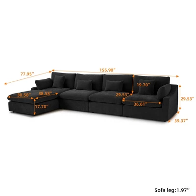 Cloud Couch Modular Sectional Sofa,156" L Shaped Couch, Oversized Down Filled Convertible Wide Seater,4 Seater With Ottoman For Living Room Set 5 Cloud Couch Modular Sectional Sofa,156" L Shaped Couch, Oversized Down Filled Convertible Wide Seater,4 Seater With Ottoman For Living Room Set - Image 5
