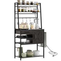 HOMCOM Kitchen Baker's Rack With Power Outlet, LED Lights, Microwave Stand With Storage Shelves, Wine Bottle Rack, Barn Door Cabinet -Baxton Studio Shop GUEST b0c94d81 581e 4091 8e40 e8f3ab776277