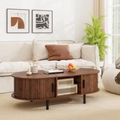 Costway 48" Mid Century Center Table With Sliding Fluted Doors & Open Compartment