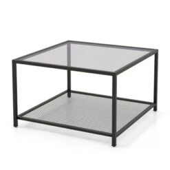 Costway Glass Coffee Table 27.5 Inch 2-Tier Square With Mesh Shelf Living Room Grey/Transparent -Baxton Studio Shop GUEST b0f6105d 06d5 4b99 8b44 87a350522741