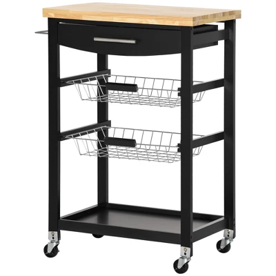 HOMCOM 3-Tier Utility Kitchen Cart With Handle Bar, Steel Basket Rolling Cart, Food Storage Service Trolley With Drawer, Rubber Wood Top, Black 3 HOMCOM 3-Tier Utility Kitchen Cart With Handle Bar, Steel Basket Rolling Cart, Food Storage Service Trolley With Drawer, Rubber Wood Top, Black - Image 3