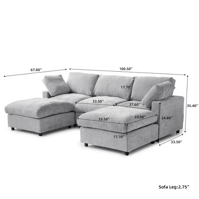 Cloud Couch Modular Sectional Sofa,100.5" U Shaped Couch, Oversized Convertible Wide Seater,3 Seater With 2 Ottomans For Living Room SetGray 3 Cloud Couch Modular Sectional Sofa,100.5" U Shaped Couch, Oversized Convertible Wide Seater,3 Seater With 2 Ottomans For Living Room SetGray - Image 3