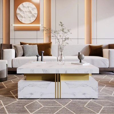 Coffee Tables With 4 Storage Drawers Modern Square Design Cocktail Table For Living Room Office Bedroom 16.5"D X 43.3"W X 43.3"H 5 Coffee Tables With 4 Storage Drawers Modern Square Design Cocktail Table For Living Room Office Bedroom 16.5"D X 43.3"W X 43.3"H - Image 5