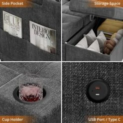 L-Shaped Sleeper Sofa Bed With Pull-Out Mattress, Storage Armrests, Cup Holders & USB, Space Saving Sectional Couch -Baxton Studio Shop GUEST b29652b2 c499 46d2 9fbf 6d7d7d55fdaa