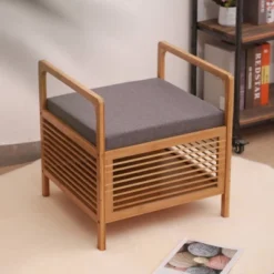 Proman Products Square Cambridge Bamboo Storage Shoe Bench Natural: Upholstered Entryway Bench With Cushion, Modern Style -Baxton Studio Shop GUEST b312e28f 9b08 4391 8867 075c9aa0eb7a