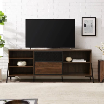 Modern Industrial Metal Mesh Sliding Door TV Stand For TVs Up To 80" Dark Walnut - Saracina Home 2 Modern Industrial Metal Mesh Sliding Door TV Stand For TVs Up To 80" Dark Walnut - Saracina Home - Image 2