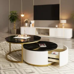 Modern Round Nesting Coffee Table Fluted With Drawer In 31.5'' -Baxton Studio Shop GUEST b537a076 1598 4b44 87aa 61c3f538b20e