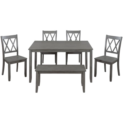 6-Piece Farmhouse Rustic Wooden Dining Table Set With 4 Cross Back Chairs And Bench - ModernLuxe 4 6-Piece Farmhouse Rustic Wooden Dining Table Set With 4 Cross Back Chairs And Bench - ModernLuxe - Image 4