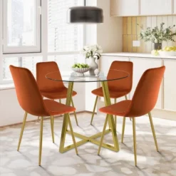 Hana + Bingo 5-Piece Round Clear Glass Dining Table Set With 4 Upholstered Chairs Gold Legs - The Pop Maison -Baxton Studio Shop GUEST b62c2127 747c 4331 9468 dad5a95e028e