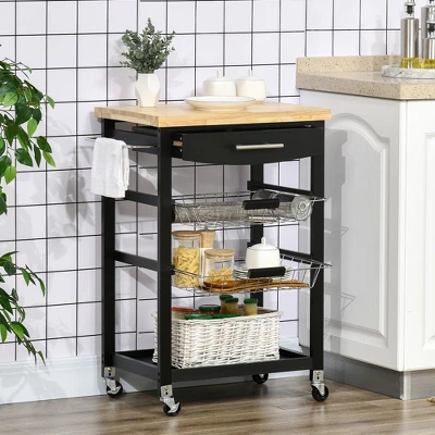 HOMCOM 3-Tier Utility Kitchen Cart With Handle Bar, Steel Basket Rolling Cart, Food Storage Service Trolley With Drawer, Rubber Wood Top, Black 1 HOMCOM 3-Tier Utility Kitchen Cart With Handle Bar, Steel Basket Rolling Cart, Food Storage Service Trolley With Drawer, Rubber Wood Top, Black