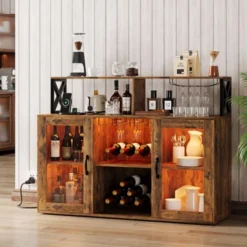 Bar Cabinet, Liquor Cabinet For Home With Power Outlets, Led Lights And Glass Holder, Wine Cabinet With Storage And Racks For Home, Kitchen