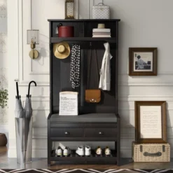 33.5" 3-in-1 Design Hall Tree With 4 Hooks, Coat Hanger And Entryway Storage Bench - ModernLuxe