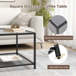 Costway Glass Coffee Table 27.5 Inch 2-Tier Square With Mesh Shelf Living Room Grey/Transparent -Baxton Studio Shop GUEST b6d8057c 830b 4f11 b3ae aedf4c29fdb5