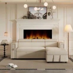 Racxily 96" Multi-Functional Pull-Out Sofa Bed L-Shape Sectional Sofa With Adjustable Headrest, Wireless Charging, Cup Holders And Hidden Storage