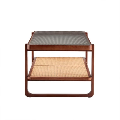 Modern Rattan Coffee Table,Rectangular Center Table With Tempered Glass Tabletop,2 Tier Wood Tea Table For Living Room Office Bedroom 6 Modern Rattan Coffee Table,Rectangular Center Table With Tempered Glass Tabletop,2 Tier Wood Tea Table For Living Room Office Bedroom - Image 6