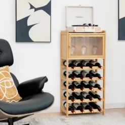 Costway 20-Bottle Bamboo Wine Rack Cabinet Freestanding Display Shelf W/ Glass Hanger