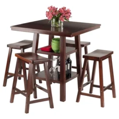 5pc Orlando 2 Shelves Counter Height Dining Set With Saddle Seat Wood/Walnut- Winsome