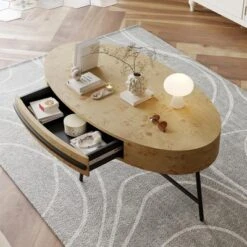 Oval Coffee Table With Drawer Mid-Century Modern Center Table 47.2“ Wooden Coffee Table With Storage -Baxton Studio Shop GUEST b9aee16f 190f 4415 8858 5940d7efd255