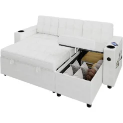 L-Shaped Sleeper Sofa Bed With Pull-Out Mattress, Storage Armrests, Cup Holders & USB, Space Saving Sectional Couch -Baxton Studio Shop GUEST b9af8a18 3bc6 4c5d a16a bdd88c37ab79
