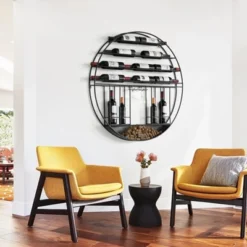 Vintiquewise Vintage Decorative Modern Black Metal Round Wall Mounted Wine Display Rack