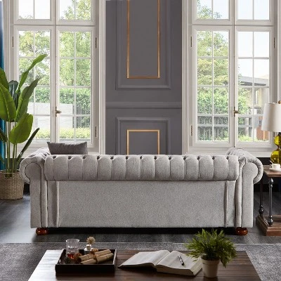 Chesterfield Linen Tufted Nailhead Upholstered Sofa With Wooden Legs - ModernLuxe 3 Chesterfield Linen Tufted Nailhead Upholstered Sofa With Wooden Legs - ModernLuxe - Image 3