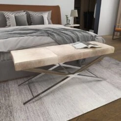 Contemporary Stainless Steel Cowhide X-Bench Beige - Olivia & May -Baxton Studio Shop GUEST ba793b5d 130b 45ec b9f6 f5aa28bcba53