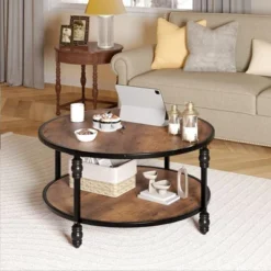 Whizmax Round Coffee Table, Rustic Wooden Surface Top & Sturdy Metal Legs Industrial Sofa Table For Living Room