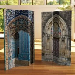 6" Double Sided Heavenly Archways Canvas Room Divider Blue/Beige - Oriental Furniture -Baxton Studio Shop GUEST bc10e555 429f 4118 b4ae ab6a71e405e8
