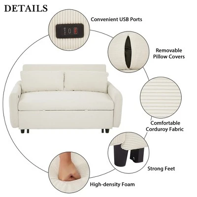 Airsurfer 57.48" Pull-out Sleeper Sofa Bed, Convertible 2-Seater Loveseat With USB Ports And 2 Pillows, Modern Couch For Living Room 6 Airsurfer 57.48" Pull-out Sleeper Sofa Bed, Convertible 2-Seater Loveseat With USB Ports And 2 Pillows, Modern Couch For Living Room - Image 6