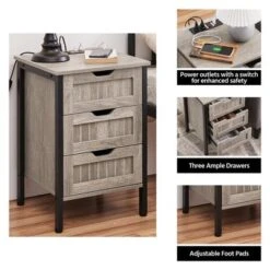 Yaheetech Rustic Side Table With 3 Drawers And Charging Station, Gray -Baxton Studio Shop GUEST bc98bda2 56fb 438a 986a f4451e1d758e