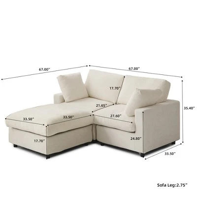 Cloud Couch Modular Sectional Sofa,67" L Shaped Couch, Convertible Wide Seater, 2 Seater+Ottoman For Living Room Set 3 Cloud Couch Modular Sectional Sofa,67" L Shaped Couch, Convertible Wide Seater, 2 Seater+Ottoman For Living Room Set - Image 3