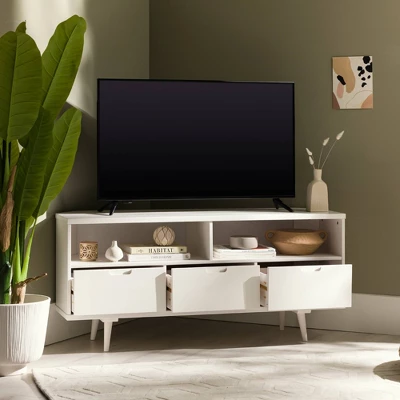 Cara Mid-Century Modern 3 Drawer Corner TV Stand For TVs Up To 58" - Saracina Home 1 Cara Mid-Century Modern 3 Drawer Corner TV Stand For TVs Up To 58" - Saracina Home
