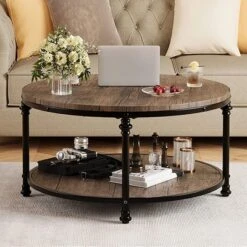 Round Coffee Table Rustic Center Table With Storage Shelf Wood Circle Coffee Table With Sturdy Metal Legs Living Room