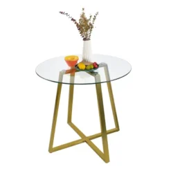 Hana + Bingo 5-Piece Round Clear Glass Dining Table Set With 4 Upholstered Chairs Gold Legs - The Pop Maison -Baxton Studio Shop GUEST bd826c28 fde3 4407 a9e4 235a3b163dd1