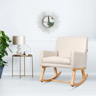 Costway Mid Century Fabric Rocking Chair Upholstered Accent Armchair Lounge Chair Beige/Gray 2 Costway Mid Century Fabric Rocking Chair Upholstered Accent Armchair Lounge Chair Beige/Gray - Image 2