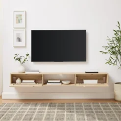 Modern Boho Floating TV Stand For TVs Up To 80" With Rattan Doors Coastal Oak - Saracina Home -Baxton Studio Shop GUEST bdcb8965 2ebd 49d4 815a d3cfdbcfb1e9