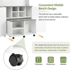 TIRAMISUBEST Farmhouse 4-in-1 Hall Tree With Barn Doors - Entryway Organizer With 7 Hooks & Wheels, White -Baxton Studio Shop GUEST be51fdc0 55aa 4034 82b7 64917012826c