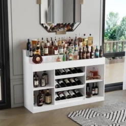 FUFU&GAGA White Home Bar Cabinet,LED Wine Rack With Storage,Liquor Cabinet With Tiered Display, For Living Room & Minimalist Interiors