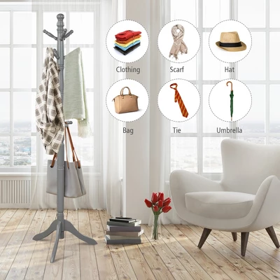 Costway Coat Rack Wooden Hall Tree 2 Adjustable Height W/ 9 Hooks WalnutBlack Grey 4 Costway Coat Rack Wooden Hall Tree 2 Adjustable Height W/ 9 Hooks WalnutBlack Grey - Image 4