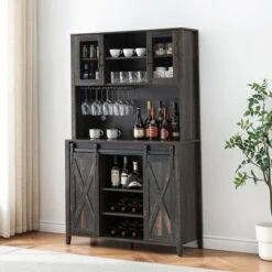Whizmax 70" Coffee Bar, Liquor Cabinet, Sliding Barn Door Buffet With Wine Rack, Storage Shelves For Kitchen, Dining Room, Tall Storage Cabinet -Baxton Studio Shop GUEST bf5fd56c a0d6 4087 b07f 075684c12de2