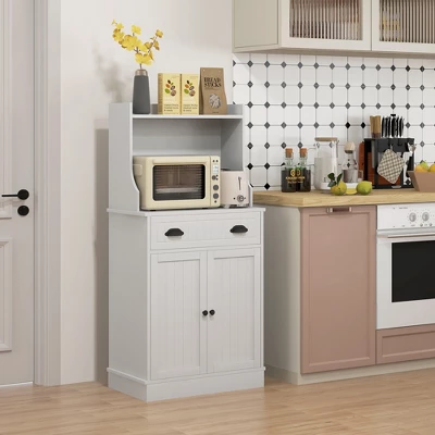 HOMCOM Microwave Cabinet With Drawer, Double Door Cabinet And Adjustable Shelf, Buffet With Hutch And Cable Hole For Kitchen, Dining Room, White 2 HOMCOM Microwave Cabinet With Drawer, Double Door Cabinet And Adjustable Shelf, Buffet With Hutch And Cable Hole For Kitchen, Dining Room, White - Image 2
