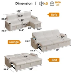 Vipbear 101" Sleeper Sofa Bed With Pull Out Bed,Sectional Sleeper Sofa With Reclining Backrest/Reversible Storage Chaise/USB Ports,Tool-Free Assembly