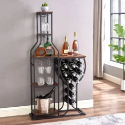5 Tier Freestanding Wine Rack,Wine Bottle Holder,Wine Storage Organizer With Hanging Wine Glass Holder,Wine Display Rack For Bar Kitchen Living Room