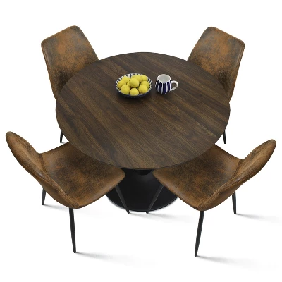 Harold+Bingo Modern 5 Piece Black Round Dining Table Set With Black Faux Leather Dining Chairs Set Of 4 With Walnut Finish Legs-Maison Boucle 2 Harold+Bingo Modern 5 Piece Black Round Dining Table Set With Black Faux Leather Dining Chairs Set Of 4 With Walnut Finish Legs-Maison Boucle - Image 2