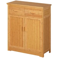 HOMCOM Bathroom Storage Cabinet, Bamboo Floor Cabinet Organizer With Doors And Adjustable Shelves, Natural -Baxton Studio Shop GUEST c2bd6b15 b83e 4ecb ac1d f7f104489a0d