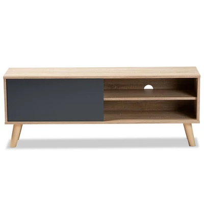 Mallory Two-Toned Oak Wood TV Stand For TVs Up To 55" Oak/Gray - Baxton Studio 2 Mallory Two-Toned Oak Wood TV Stand For TVs Up To 55" Oak/Gray - Baxton Studio - Image 2