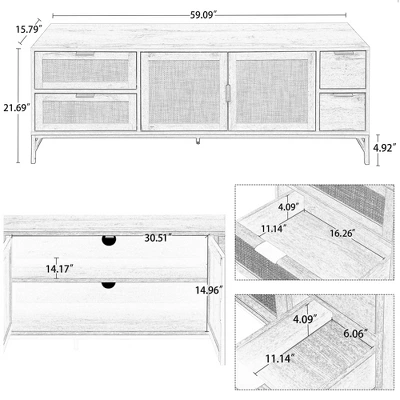 59.09" Elegant Rattan TV Stand With Adjustable Shelves And Wood Grain Finish - ModernLuxe 2 59.09" Elegant Rattan TV Stand With Adjustable Shelves And Wood Grain Finish - ModernLuxe - Image 2
